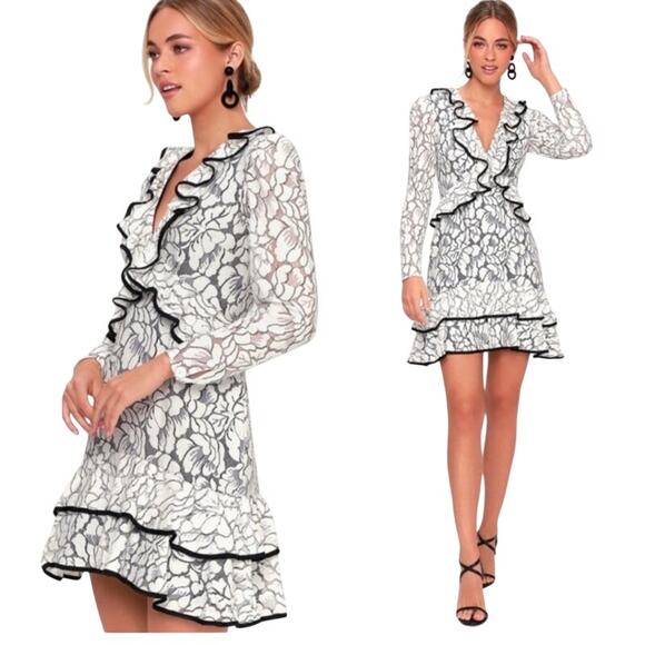 Keepsake S Encore Ivory Lace Ruffled Long Sleeve Dress Feminine Wedding Guest - Picture 1 of 9